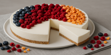 Kleurrijke cheesecake met gevriesdroogd fruit